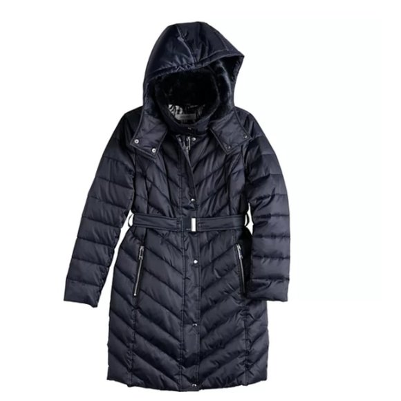 Nine West Faux-Fur Collar Chevron Puffer Coat